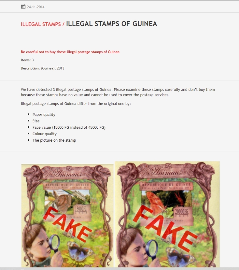 Snapshot of Stamperija Listing and Description of Guinea Republic 2013 Butterflies Illegal Stamp Souvenir Sheets