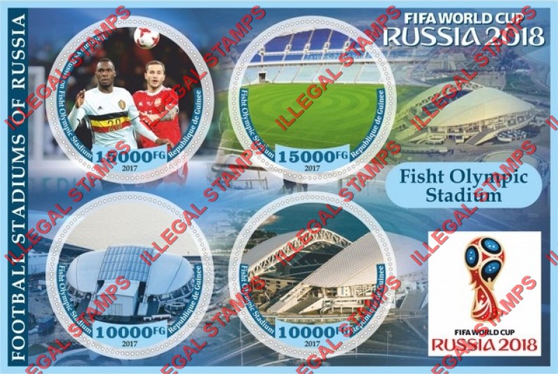 Guinea Republic 2017 FIFA World Cup Soccer in Russia in 2018 Football Stadiums Illegal Stamp Souvenir Sheet of 4