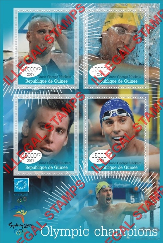 Guinea Republic 2017 Grant George Hackett Olympic Swimming Champion Illegal Stamp Souvenir Sheet of 4