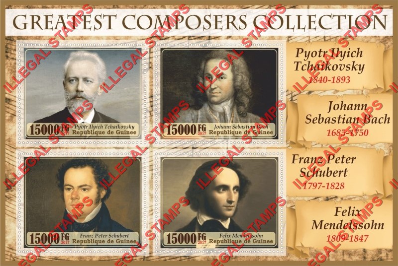 Guinea Republic 2017 Greatest Composers Illegal Stamp Souvenir Sheet of 4