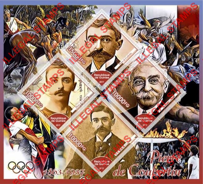 Guinea Republic 2017 Pierre de Coubertin Illegal Stamp Souvenir Sheet of 4
