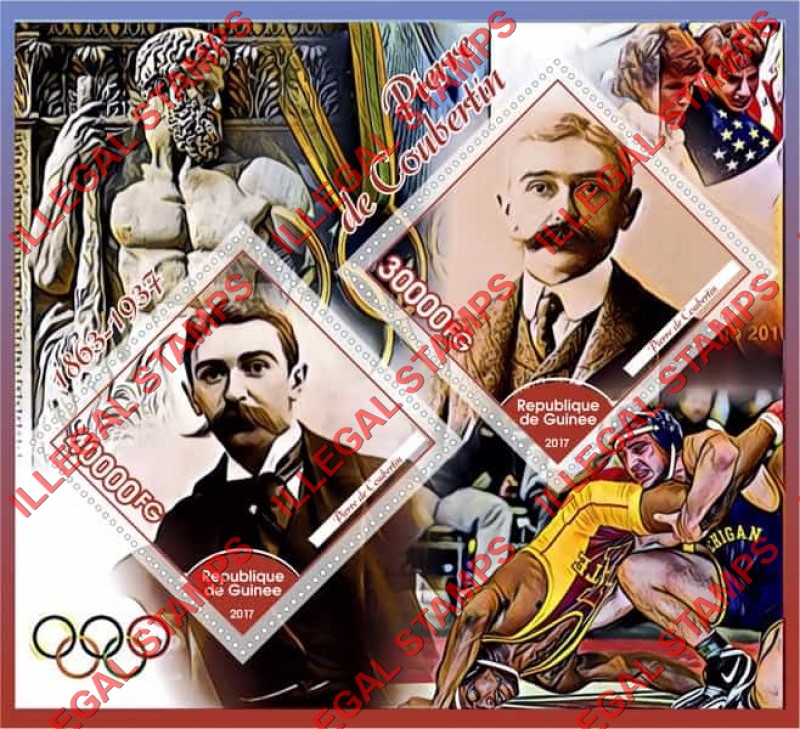 Guinea Republic 2017 Pierre de Coubertin Illegal Stamp Souvenir Sheet of 2