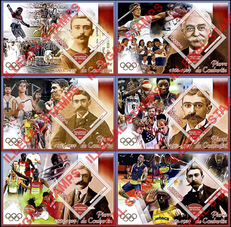 Guinea Republic 2017 Pierre de Coubertin Illegal Stamp Souvenir Sheets of 1
