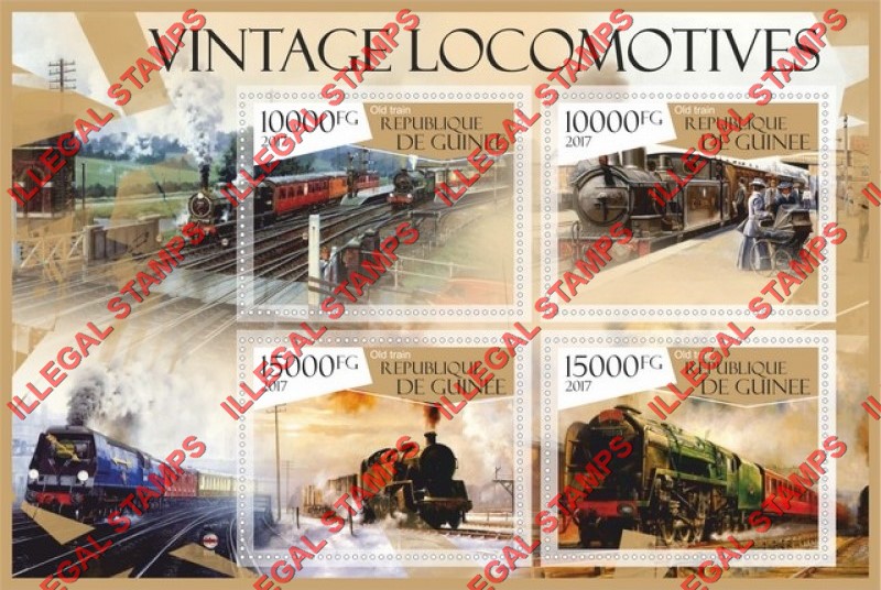 Guinea Republic 2017 Vintage Locomotives Illegal Stamp Souvenir Sheet of 4