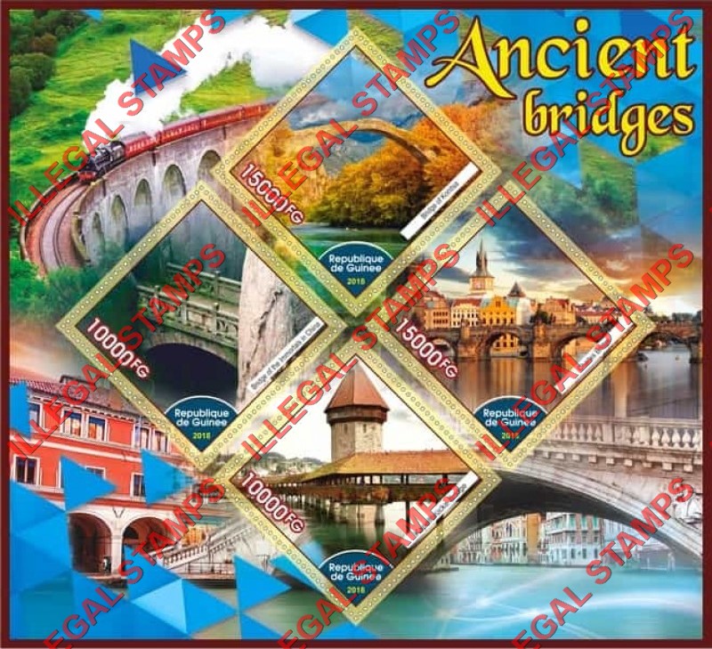 Guinea Republic 2018 Bridges Ancient Illegal Stamp Souvenir Sheet of 4