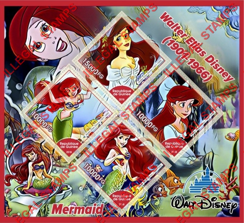 Guinea Republic 2018 Disney Little Mermaid Illegal Stamp Souvenir Sheet of 4