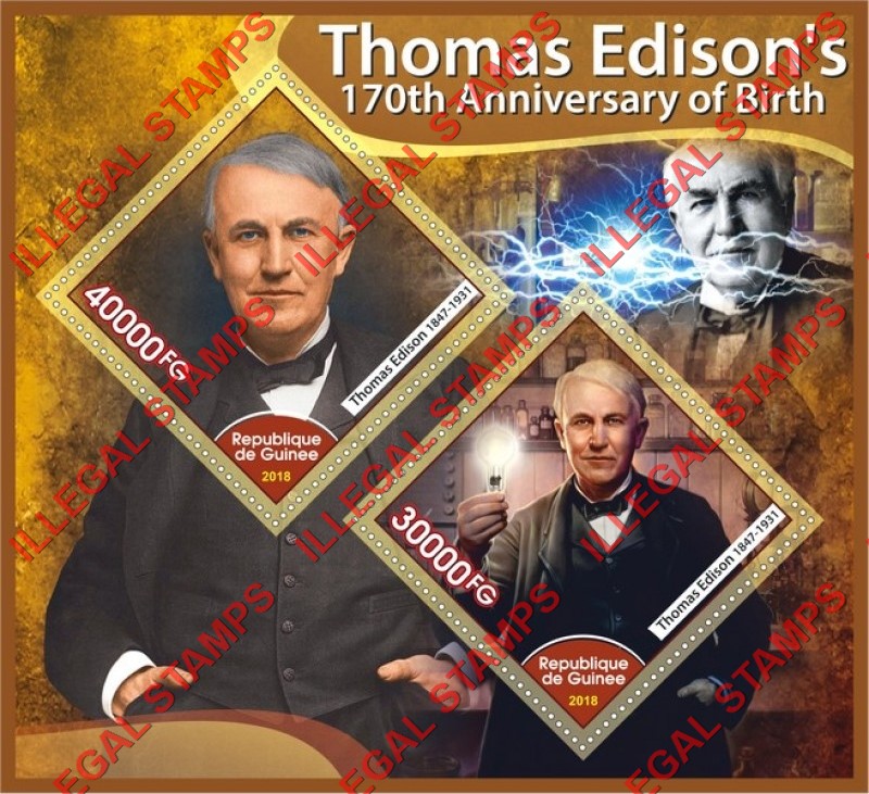 Guinea Republic 2018 Thomas Edison Illegal Stamp Souvenir Sheet of 2
