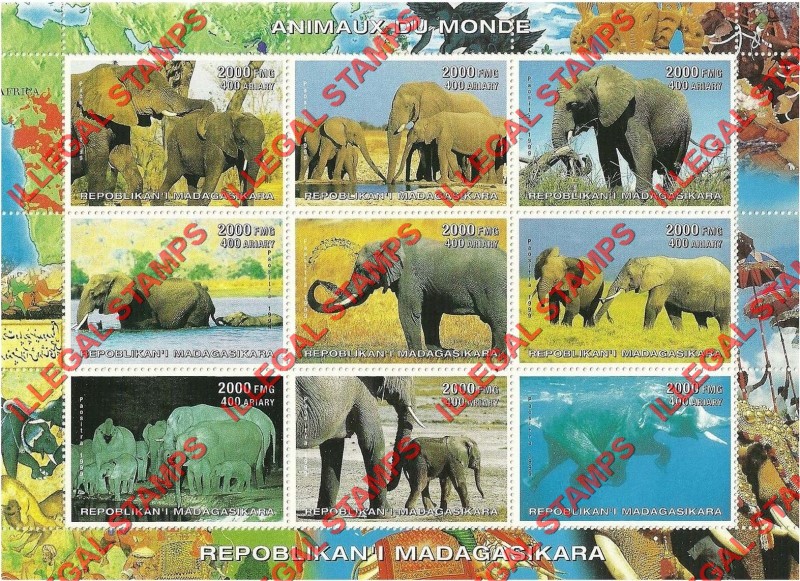 Madagascar 1999 Animals of the World Illegal Stamp Sheetlet of Nine