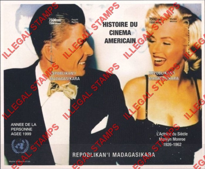Madagascar 1999 History of American Cinema Marilyn Monroe Ronald Reagan Illegal Stamp Souvenir Sheet