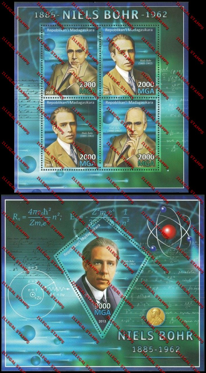 Madagascar 2013 Niels Bohr Illegal Stamp Souvenir Sheet and Sheetlet