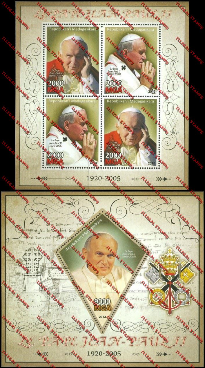 Madagascar 2013 Pope John Paul II Illegal Stamp Souvenir Sheet and Sheetlet