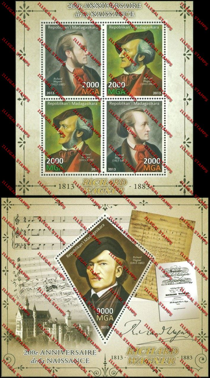 Madagascar 2013 Richard Wagner Illegal Stamp Souvenir Sheet and Sheetlet