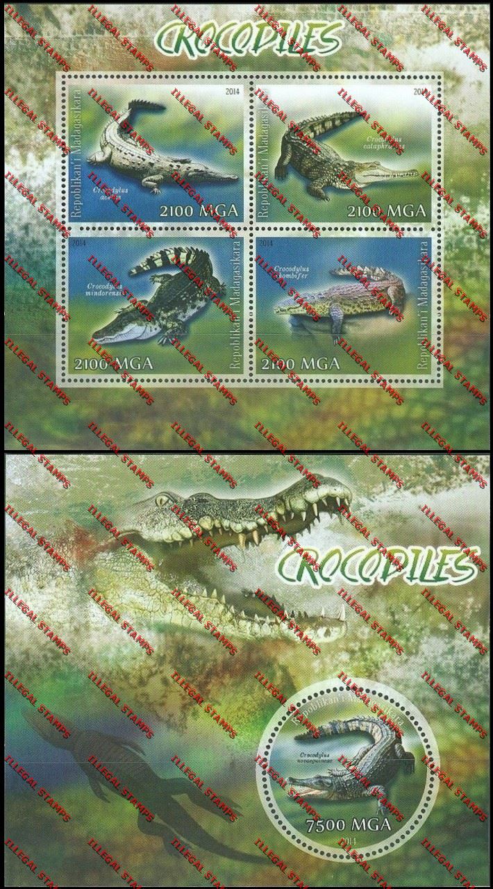 Madagascar 2014 Crocodiles Illegal Stamp Souvenir Sheet and Sheetlet