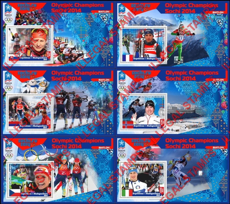 Madagascar 2014 Olympic Champions Biathlon (spelled Biatlon) Illegal Stamp Souvenir Sheets of 1