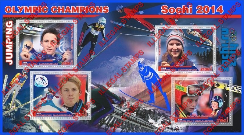 Madagascar 2014 Olympic Champions Ski Jumping Illegal Stamp Souvenir Sheet of 4