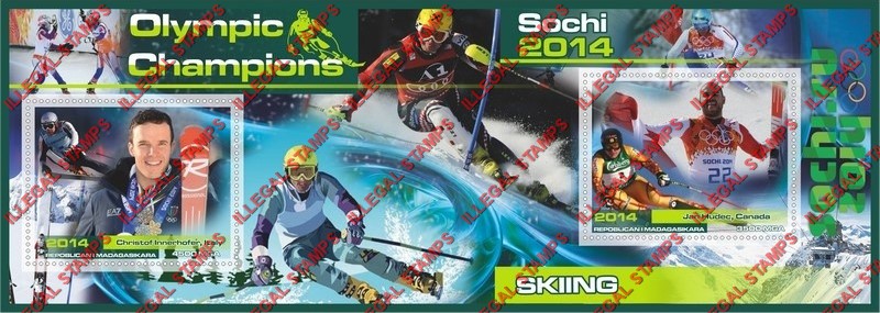 Madagascar 2014 Olympic Champions Skiing Illegal Stamp Souvenir Sheet of 2