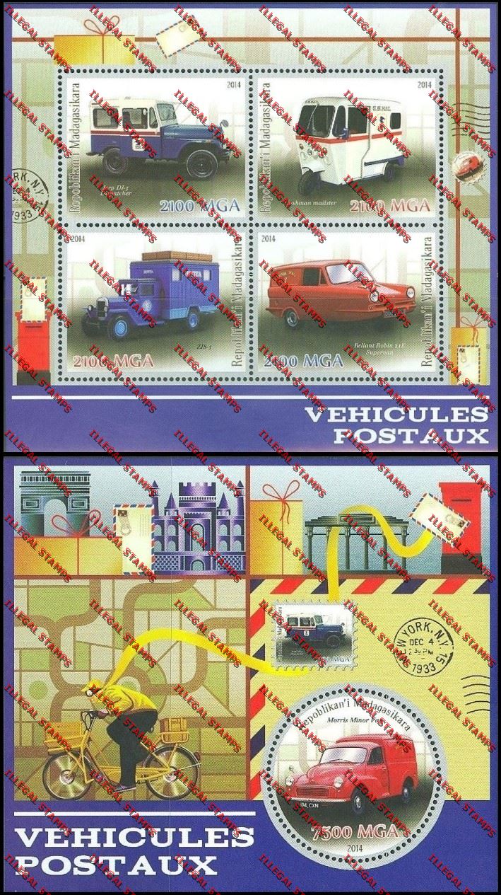 Madagascar 2014 Postal Vehicles Illegal Stamp Souvenir Sheet and Sheetlet