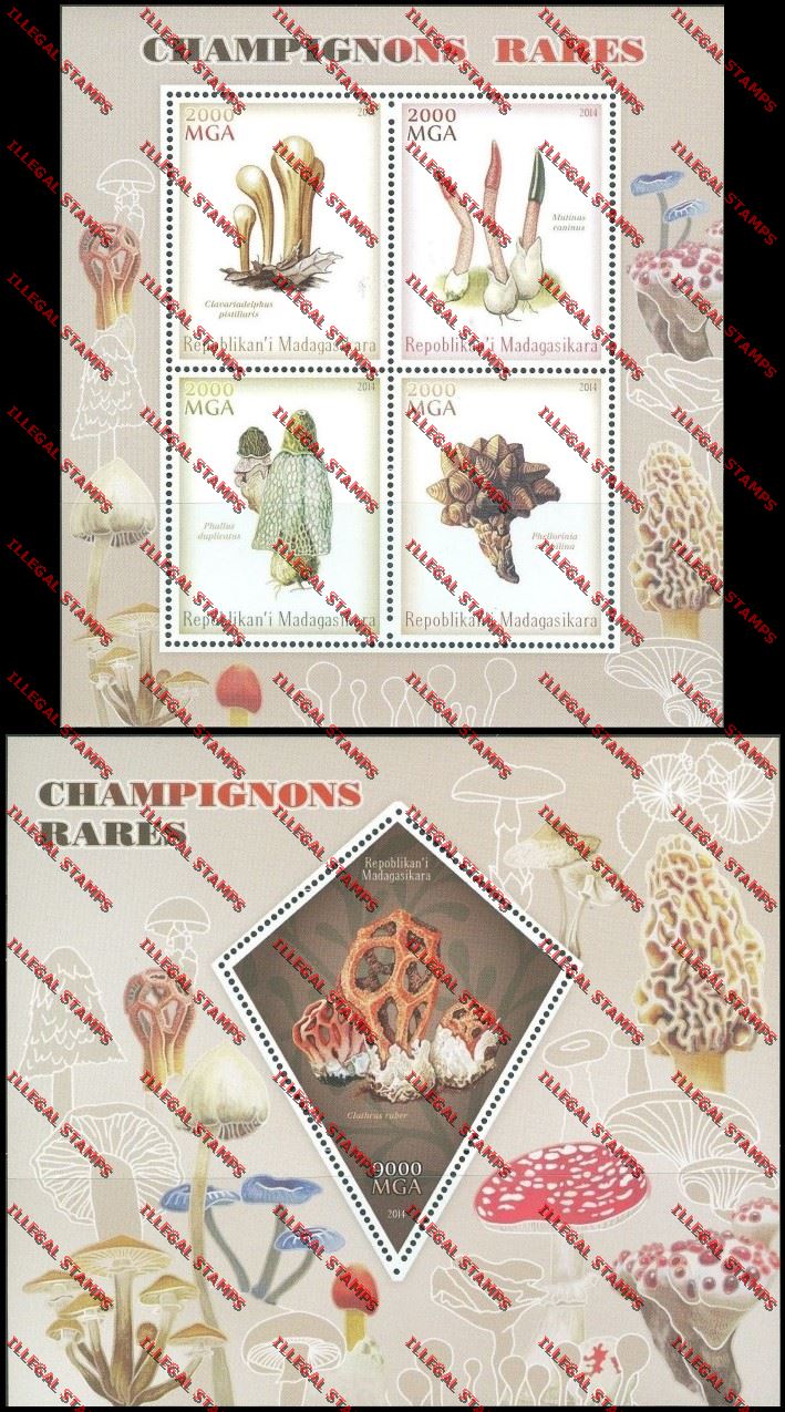 Madagascar 2014 Rare Mushrooms Illegal Stamp Souvenir Sheet and Sheetlet