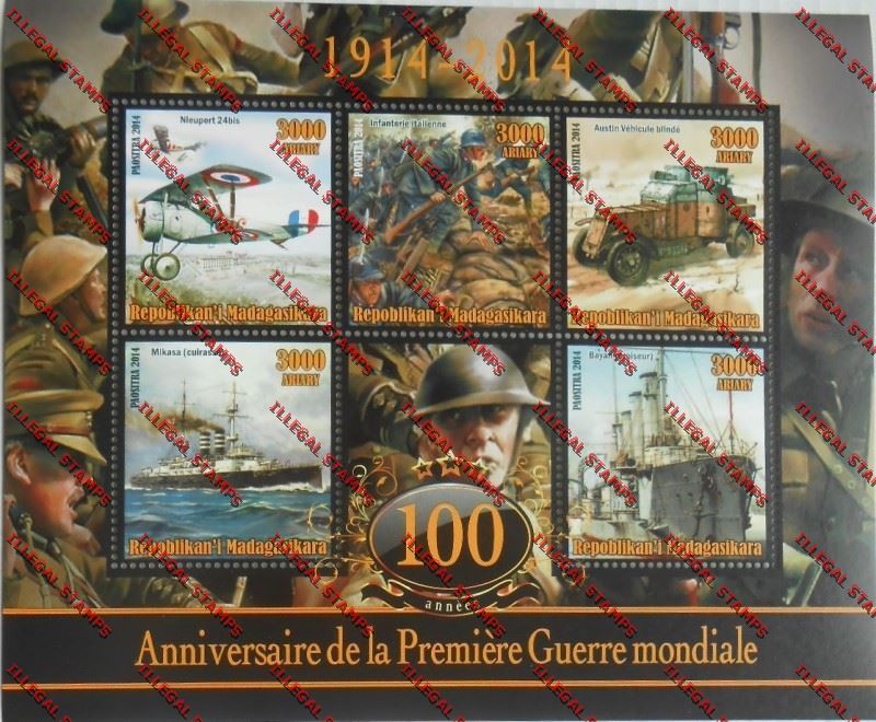Madagascar 2014 Centenary of World War I Remake Illegal Stamp Souvenir Sheetlet of Five 1