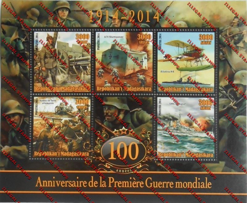 Madagascar 2014 Centenary of World War I Remake Illegal Stamp Souvenir Sheetlet of Five 2