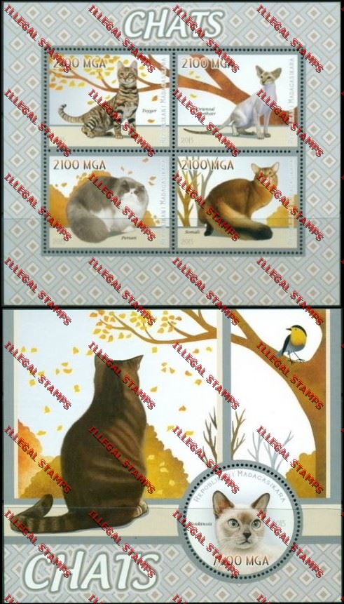 Madagascar 2015 Cats Illegal Stamp Souvenir Sheet and Sheetlet