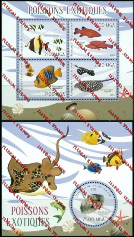 Madagascar 2015 Exotic Fish Illegal Stamp Souvenir Sheet and Sheetlet