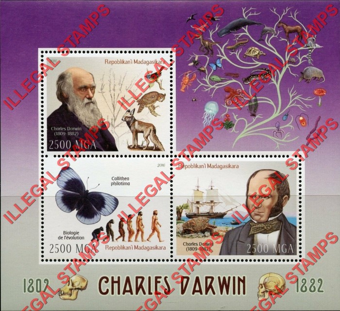 Madagascar 2016 Charles Darwin Illegal Stamp Souvenir Sheet of 3