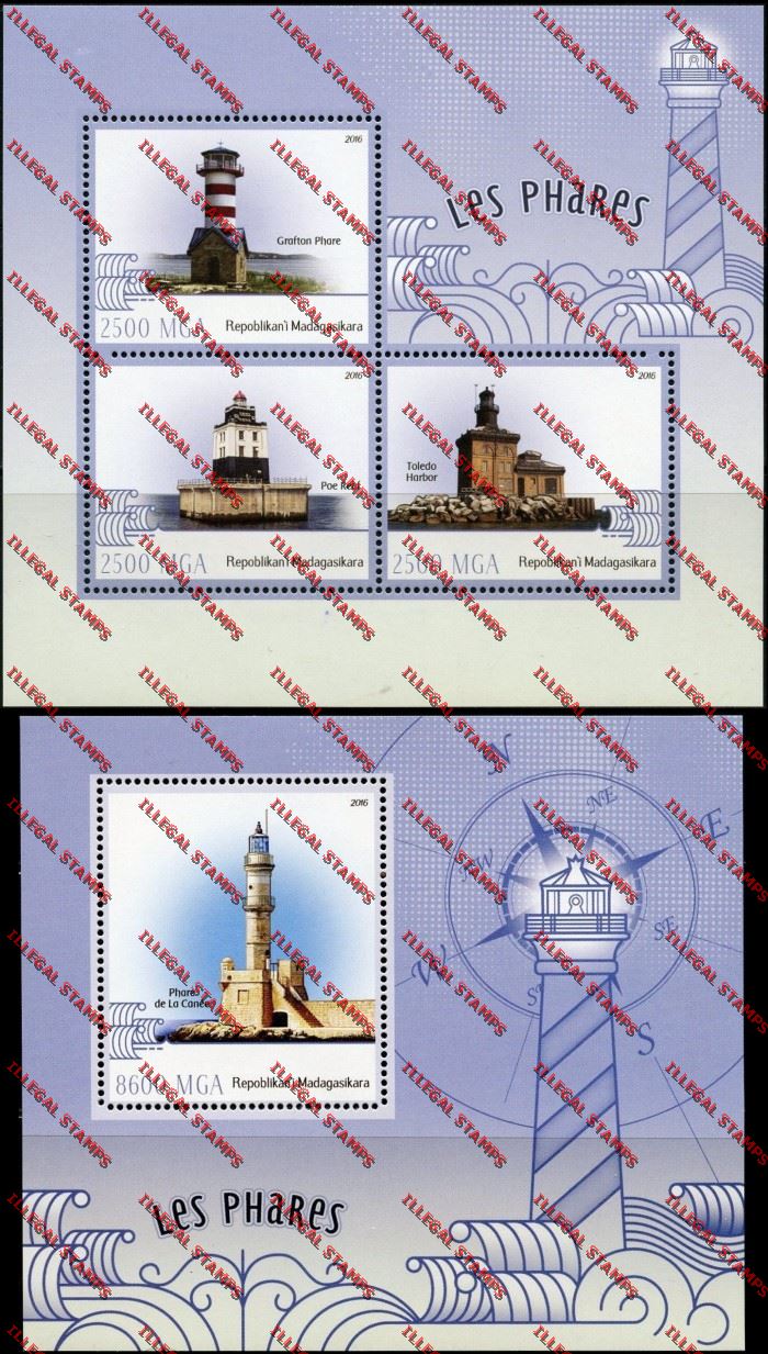 Madagascar 2016 Lighthouses Illegal Stamp Souvenir Sheets of 3 and 1