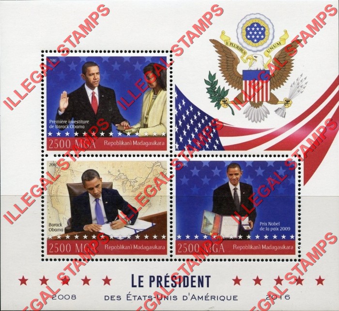 Madagascar 2016 Barack Obama Illegal Stamp Souvenir Sheet of 3