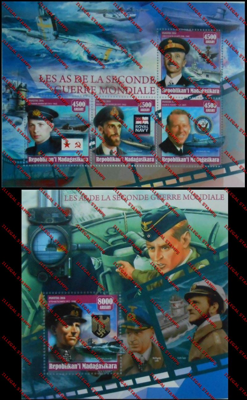 Madagascar 2016 The Submarine Aces of the Second World War Illegal Stamp Souvenir Sheets of 4 and 1