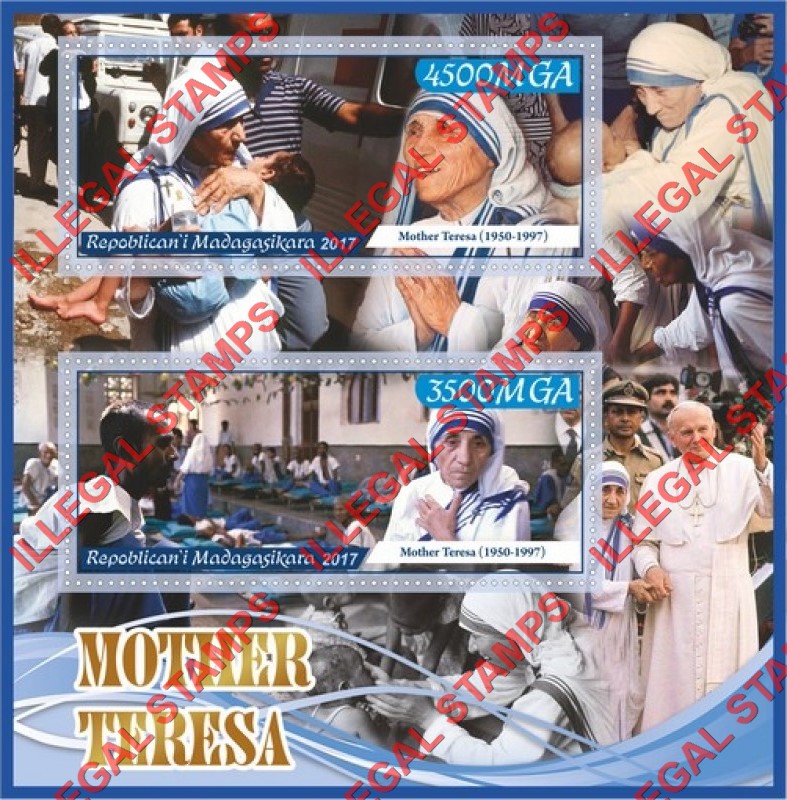 Madagascar 2017 Mother Teresa Illegal Stamp Souvenir Sheet of 2