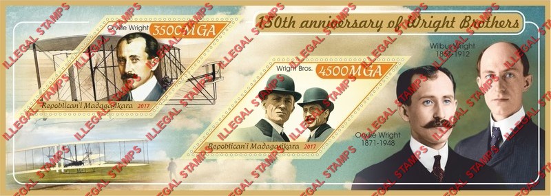 Madagascar 2017 Wright Brothers Airplanes Illegal Stamp Souvenir Sheet of 2