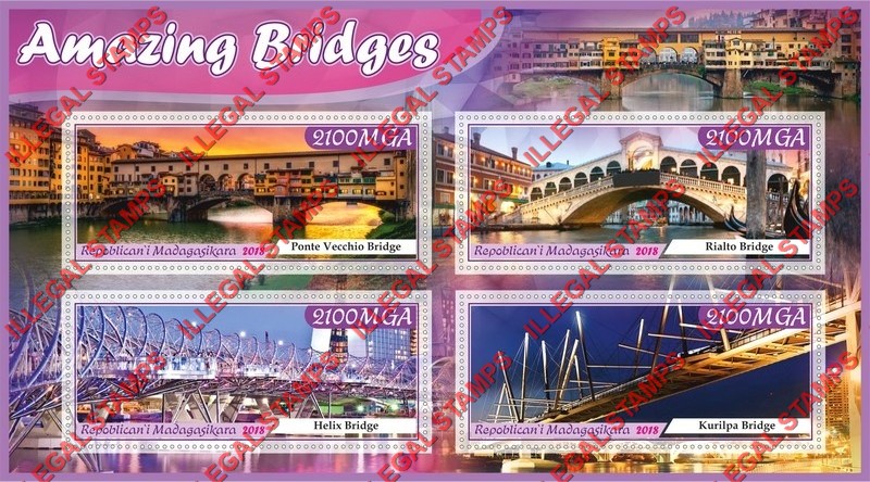 Madagascar 2018 Amazing Bridges Illegal Stamp Souvenir Sheet of 4