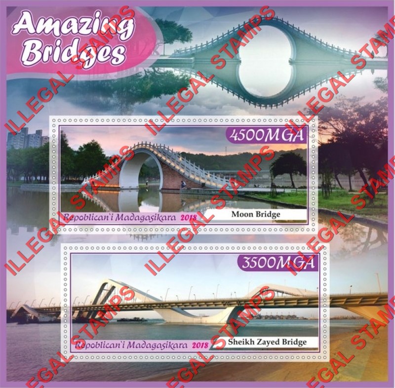 Madagascar 2018 Amazing Bridges Illegal Stamp Souvenir Sheet of 2