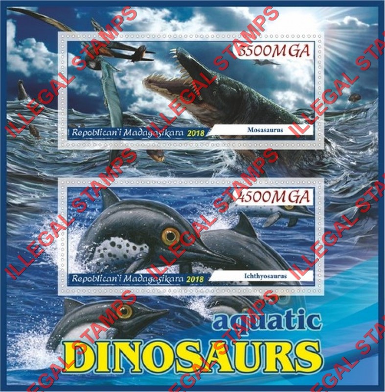 Madagascar 2018 Aquatic Dinosaurs Illegal Stamp Souvenir Sheet of 2