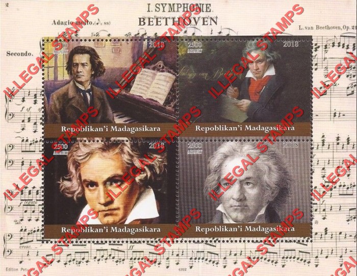 Madagascar 2018 Beethoven Illegal Stamp Souvenir Sheet of 4