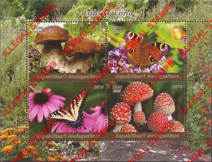 Madagascar 2018 Butterflies and Mushrooms Illegal Stamp Souvenir Sheet of 4