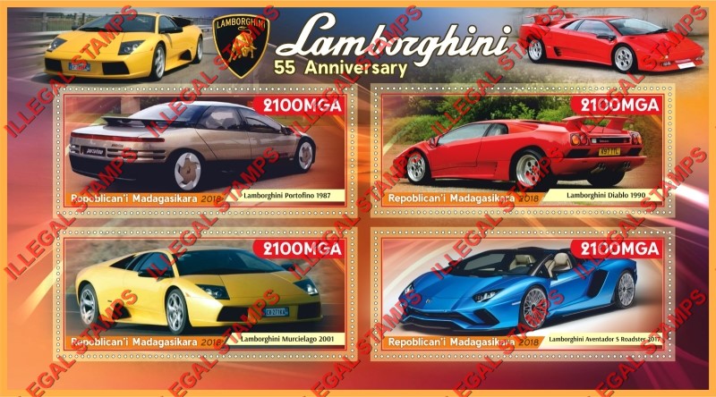 Madagascar 2018 Cars Lamborghini Illegal Stamp Souvenir Sheet of 4