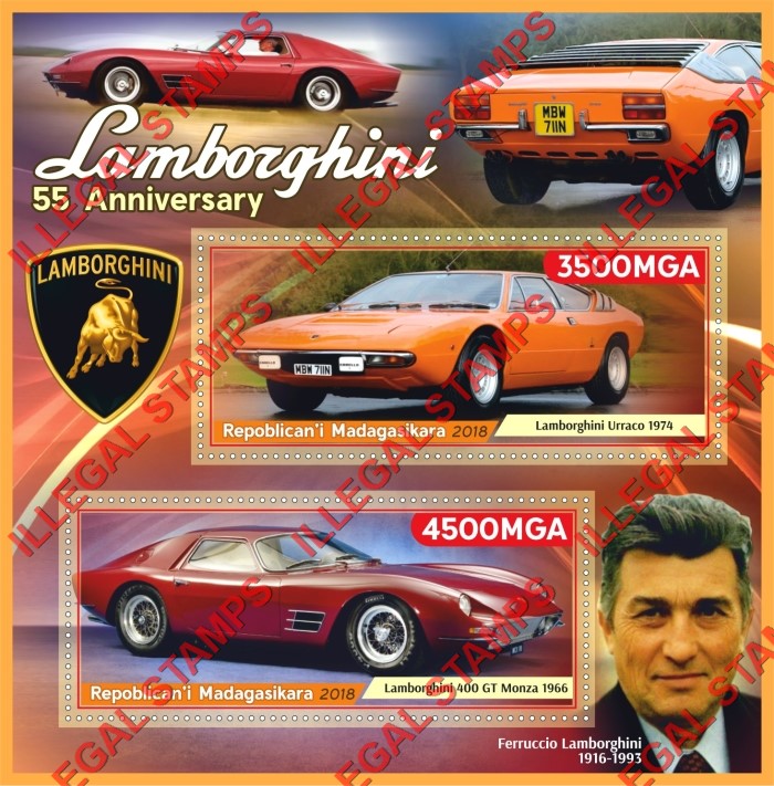 Madagascar 2018 Cars Lamborghini Illegal Stamp Souvenir Sheet of 2