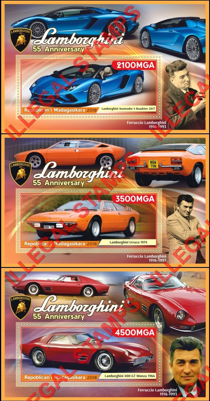 Madagascar 2018 Cars Lamborghini Illegal Stamp Souvenir Sheets of 1 (Part 1)
