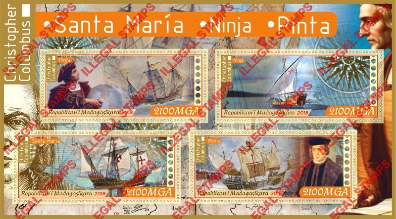 Madagascar 2018 Christopher Columbus Illegal Stamp Souvenir Sheet of 4