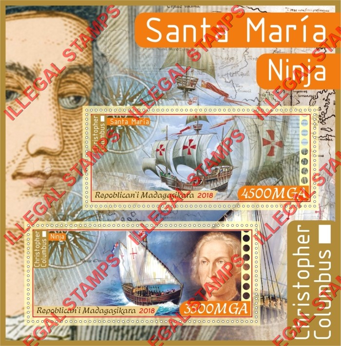 Madagascar 2018 Christopher Columbus Illegal Stamp Souvenir Sheet of 2