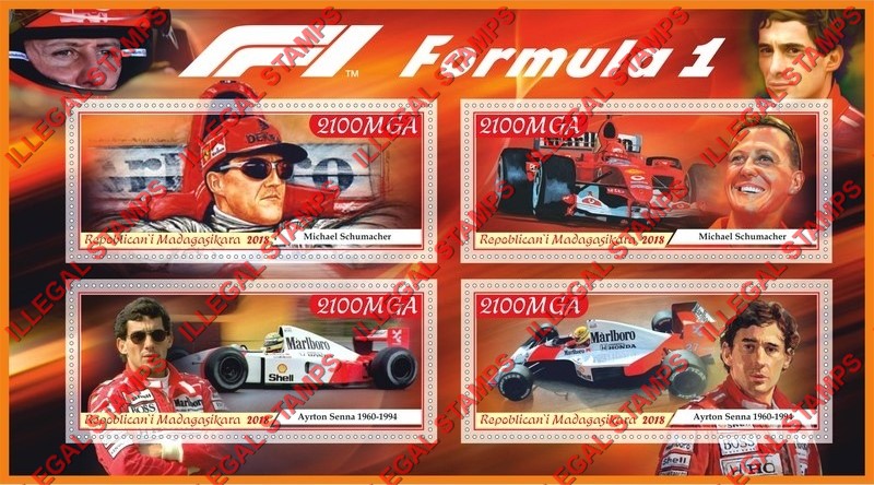 Madagascar 2018 Formula I Race Cars and Drivers Illegal Stamp Souvenir Sheet of 4