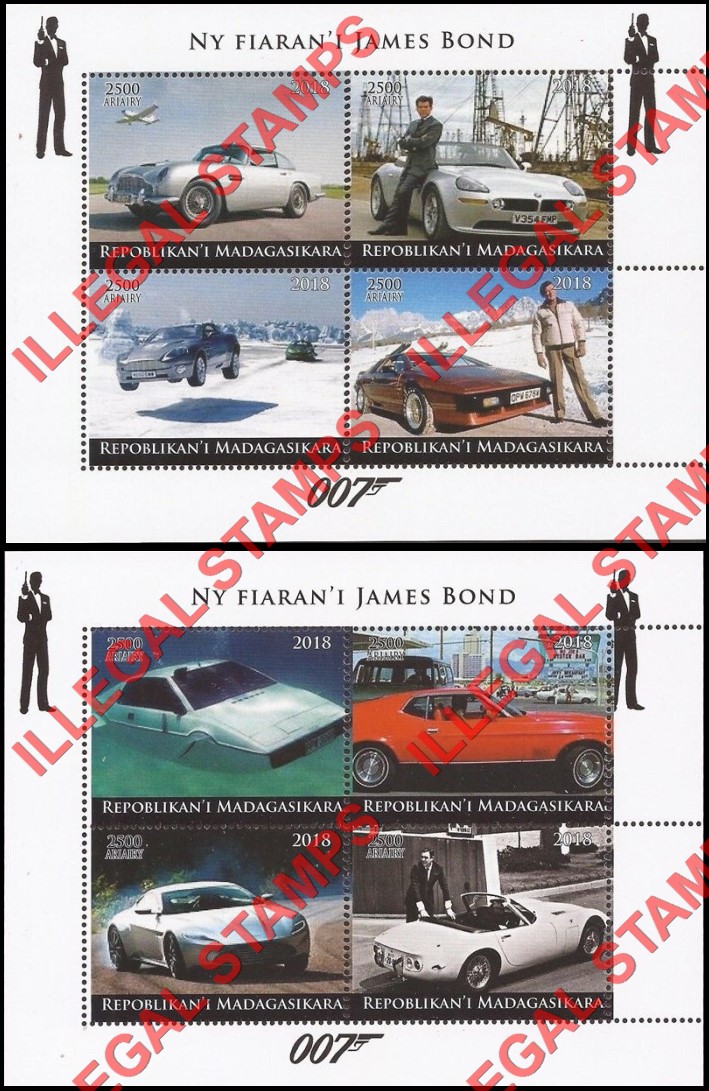 Madagascar 2018 James Bond Cars Illegal Stamp Souvenir Sheets of 4