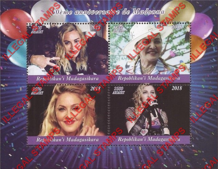 Madagascar 2018 Madonna Illegal Stamp Souvenir Sheet of 4