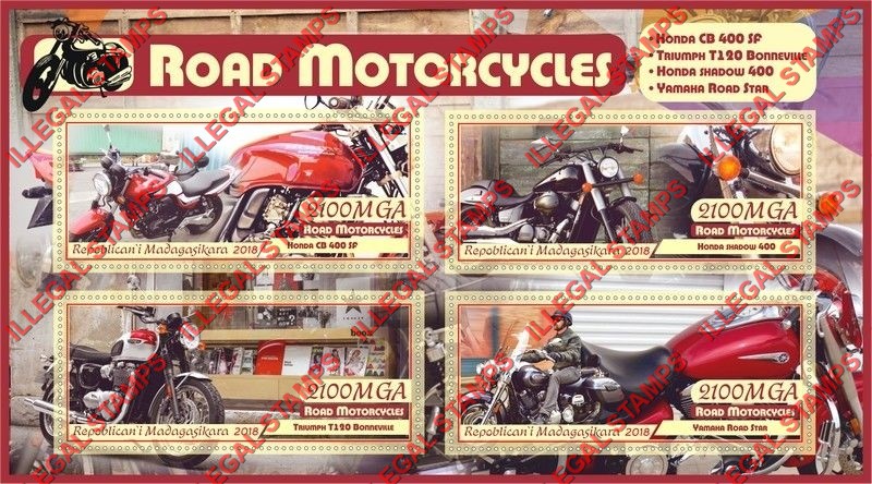 Madagascar 2018 Motorcycles Illegal Stamp Souvenir Sheet of 4