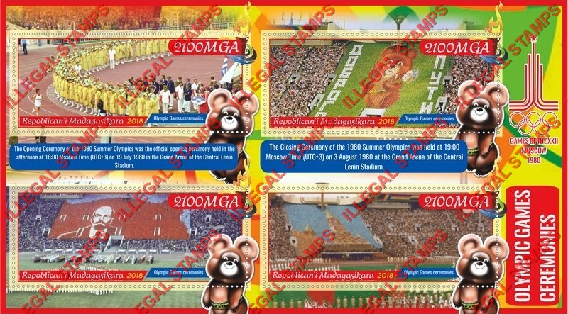 Madagascar 2018 Olympic Games Ceremonies in Moscow in 1980 Illegal Stamp Souvenir Sheet of 4