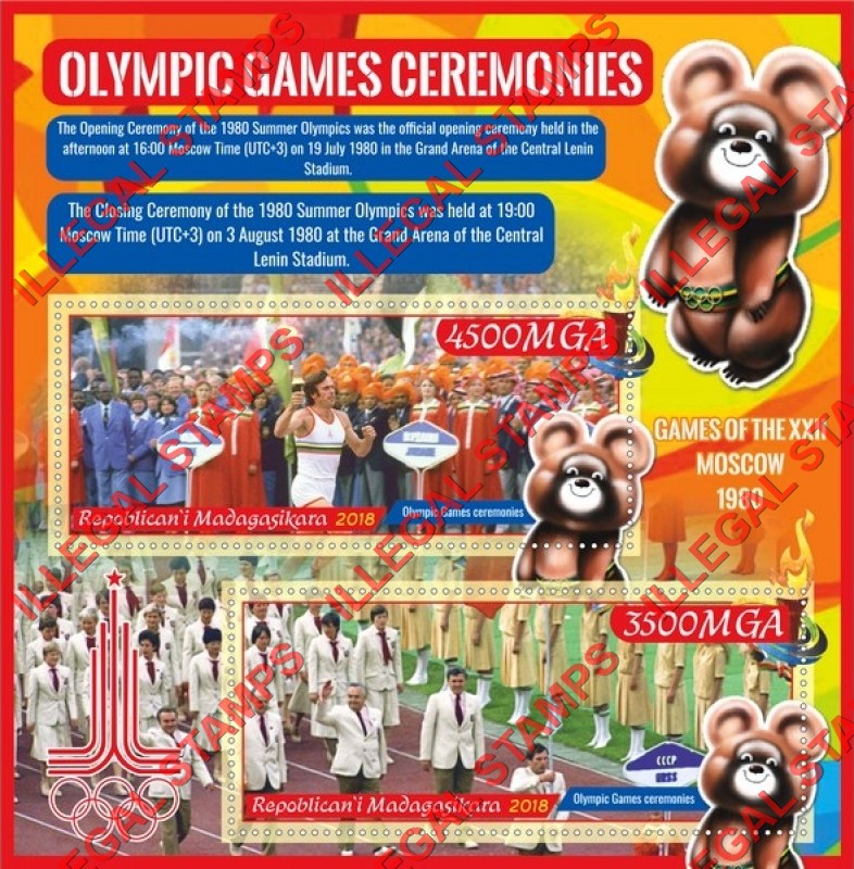 Madagascar 2018 Olympic Games Ceremonies in Moscow in 1980 Illegal Stamp Souvenir Sheet of 2