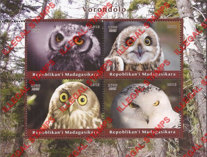 Madagascar 2018 Owls Illegal Stamp Souvenir Sheet of 4
