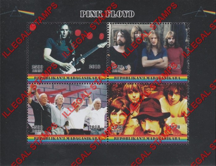 Madagascar 2018 Pink Floyd Illegal Stamp Souvenir Sheet of 4